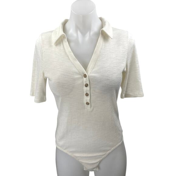 Madewell Women's Cream Short Sleeve Polo V Neck Henley Knit Bodysuit Top Size M - Picture 1 of 3